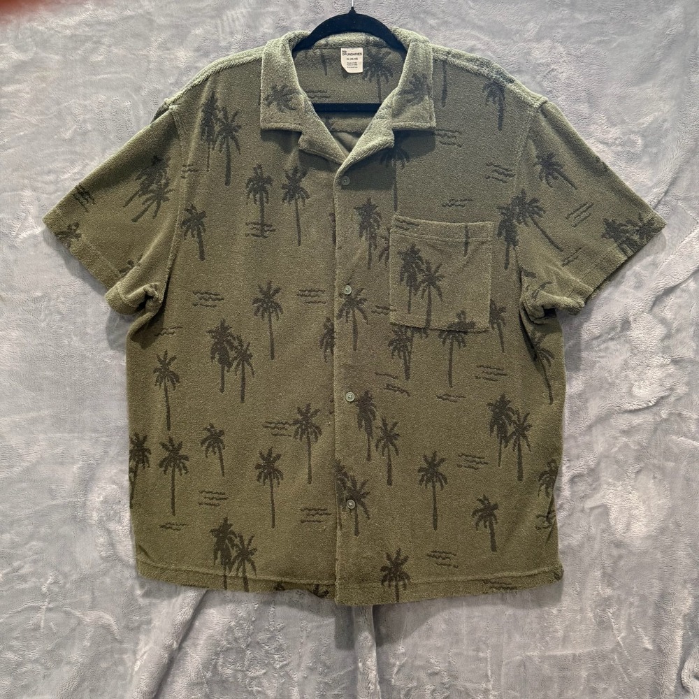 No Boundaries Terry Cloth Palm Tree Resort Short Sleeve Shirt Mens Size XL Green